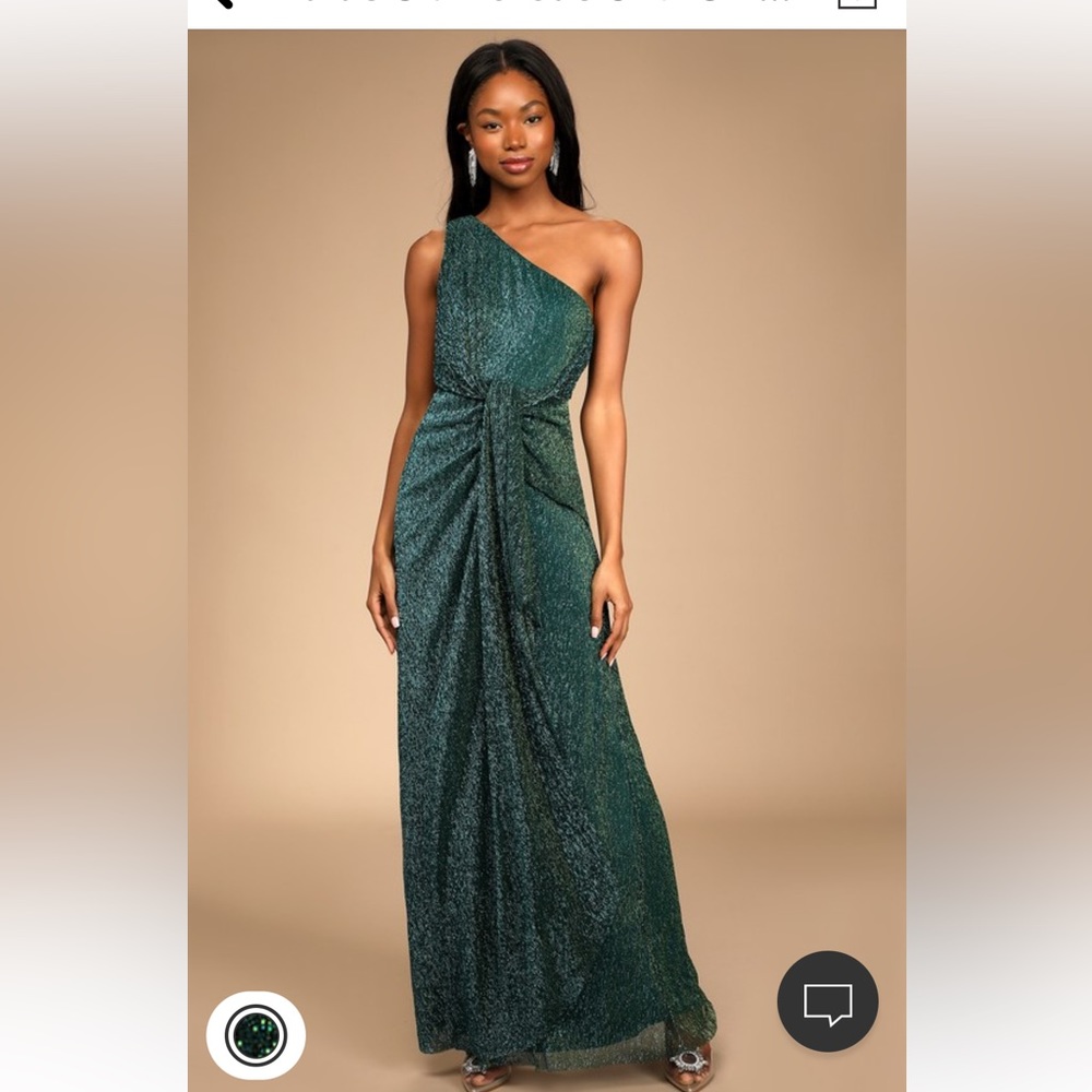 Lulus Glamorous Glitzy Shiny Teal One Shoulder formal dress.